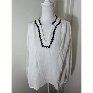 Stark White Gauze W Black Ric Rac Trim Shirt Sz L
